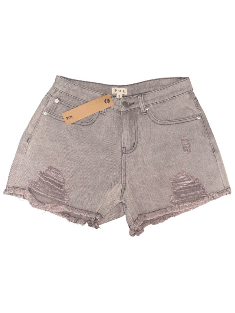 POL Distressed High-Rise Denim Shorts - Acid Wash Gray